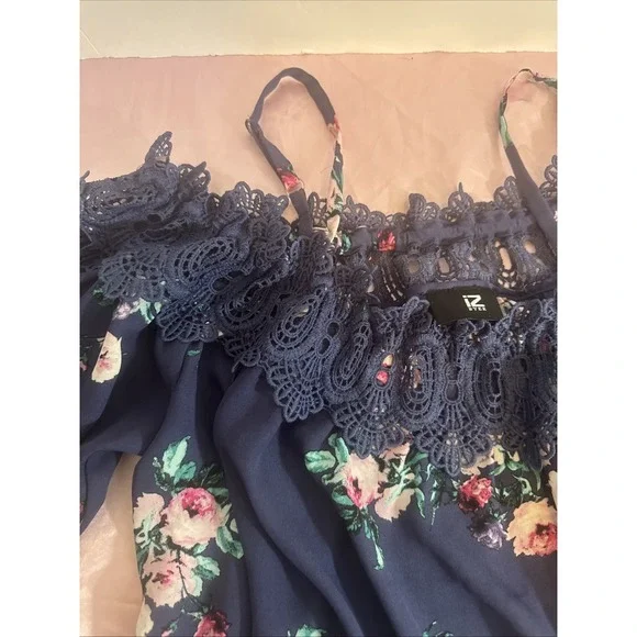 IZ Byer Women's Blouse Off Shoulder 3/4 Sleeve Lace Floral Print Blue Size Large - Picture 4 of 5